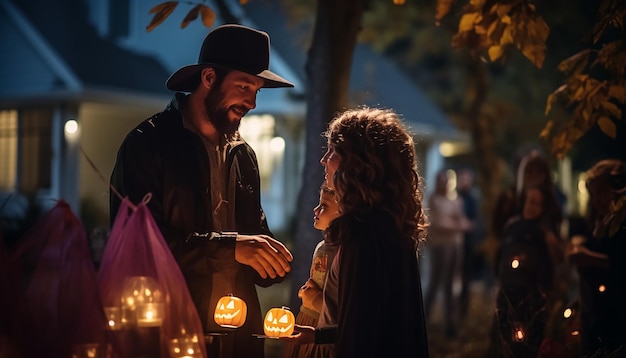 Pessoas que comemoram o Halloween em família no bairro