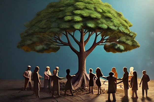 Foto pessoas que protegem o meio ambiente e a humanidade se unindo para fornecer segurança a uma árvore jovem vulnerável como