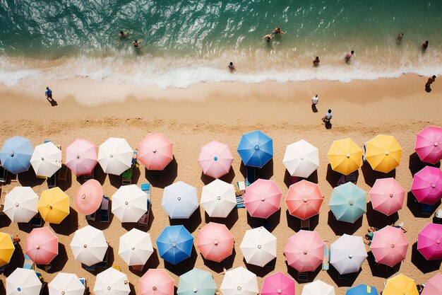 Foto pessoas que vão à praia descansando sob guarda-chuvas coloridos