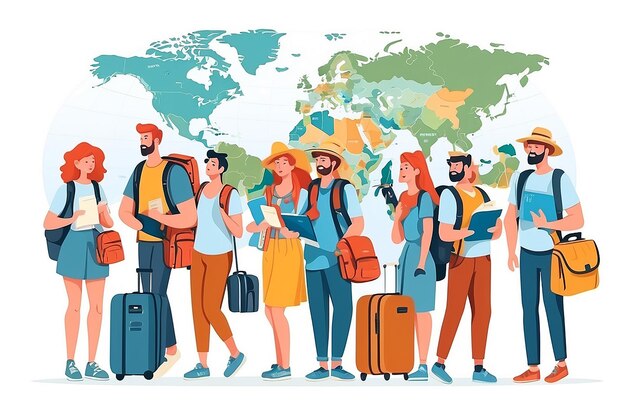 Pessoas que viajam personagens turistas Homens e mulheres grupo com mochilas bagagem