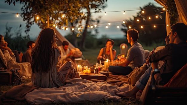 Pessoas reunidas à mesa com velas para uma reunião noturna