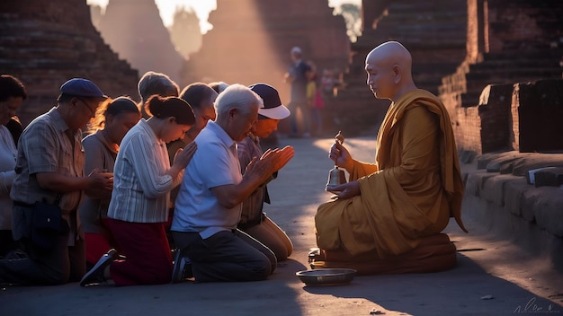 Pessoas rezando em respeito ao monge em ayutthaya