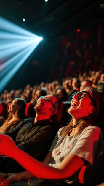Foto pessoas se divertindo enquanto assistem à estréia de um filme no cinema.