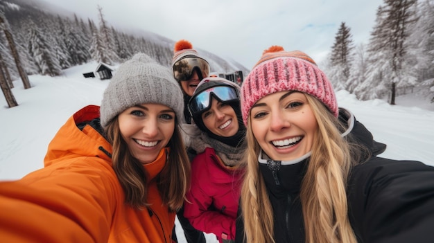 Pessoas se divertindo na neve durante as férias de inverno Eles estão desfrutando de atividades ao ar livre como snowboard e esqui enquanto capturam momentos alegres com uma selfie