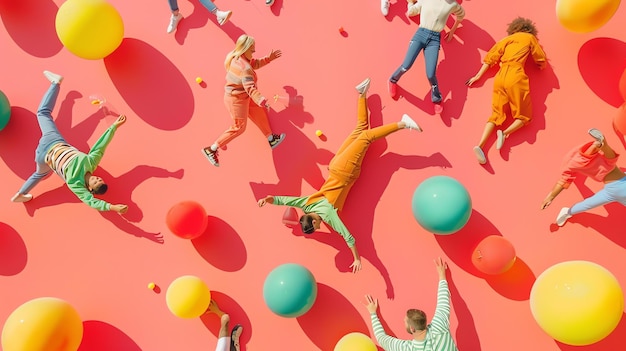 Pessoas se divertindo pulando em uma superfície rosa com bolas coloridas