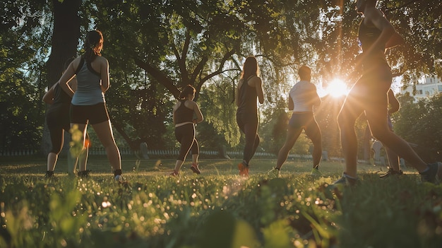 Foto pessoas se exercitando em um parque o sol está brilhando através das árvores o grupo está fazendo uma variedade de exercícios