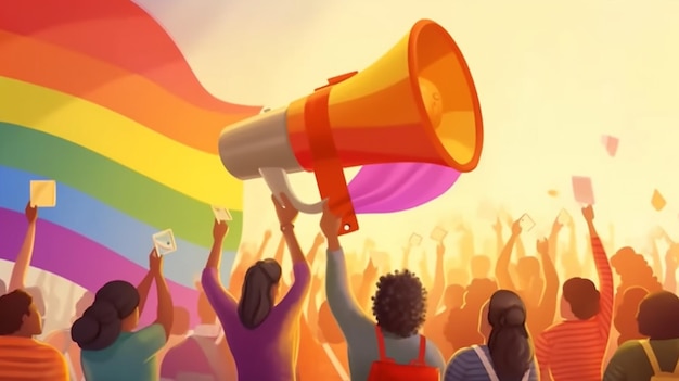 Pessoas seguram megafone ou alto-falante com arco-íris lgbt durante a celebração do mês do orgulho contra