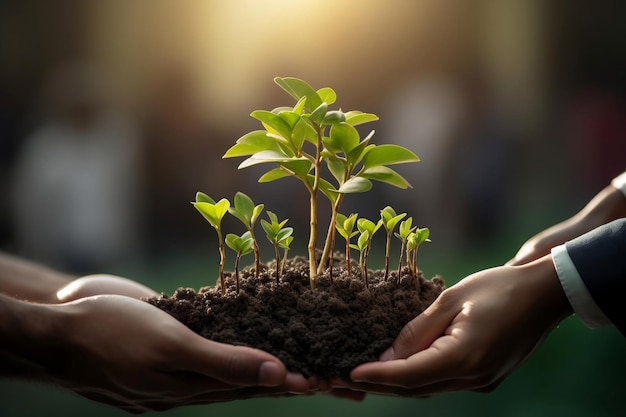 Pessoas segurando planta jovem nas mãos Ecologia Unidade de pessoas em suas mãos protegendo pequenos brotos