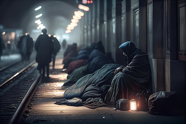 Pessoas sem-teto em uma estação de trem ou metrô Sem-teto sem esperança e conceito de pobreza Ilustração gerada por IA