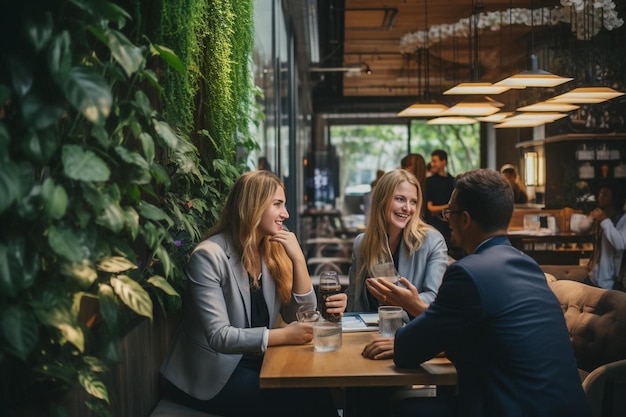 Pessoas sentadas à mesa de um café, uma das quais diz "você é o chefe".