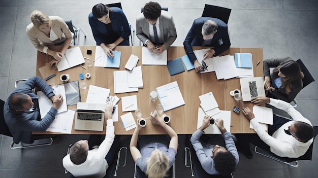 Pessoas sentadas ao redor de uma mesa com papéis sobre a mesa