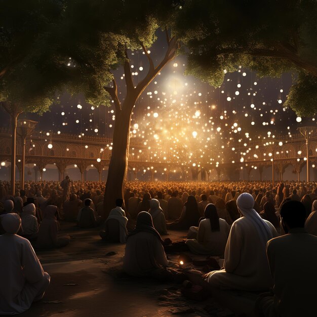pessoas sentadas debaixo de uma árvore em um grande espaço aberto com luzes