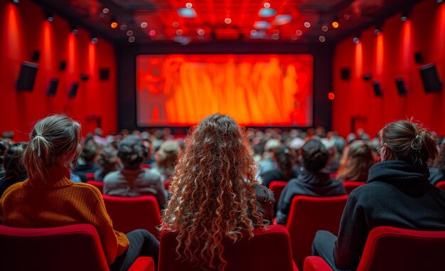 Pessoas sentadas em cadeiras vermelhas no cinema