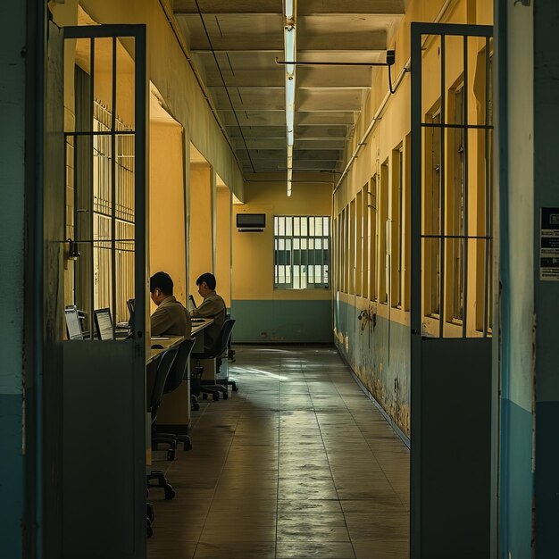 Foto pessoas sentadas em uma mesa em um corredor