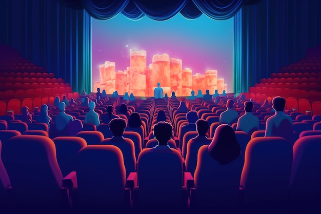 Pessoas sentadas no cinema assistindo a um filme. Ilustração de retrospectiva Ai generativa