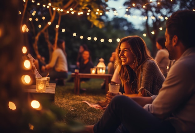 pessoas sentam-se em uma festa ao ar livre com luzes de corda