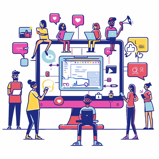 Pessoas, sentando, e, em movimento, em, grande, monitor computador