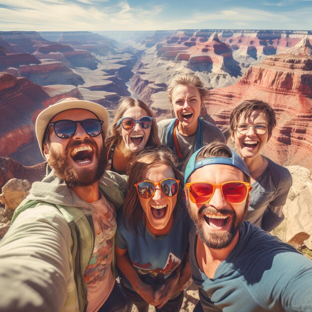 Foto pessoas sorrindo em frente ao grand canyon, no arizona, eua