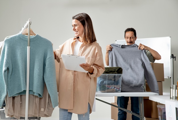 Pessoas tiro médio com doações de roupas