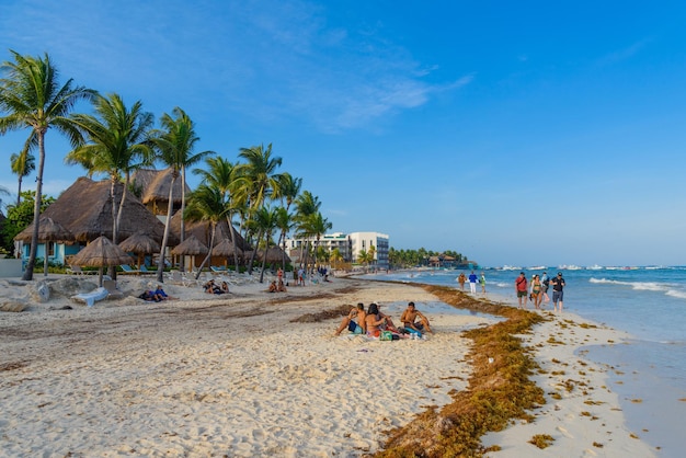 Pessoas tomando sol na praia perto do hotel em Playa del Carmen Yucatan México