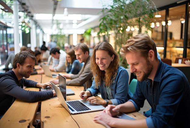 Pessoas trabalhando em laptops em uma mesa