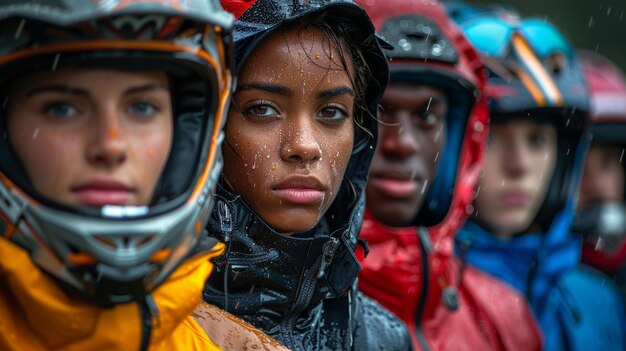 Foto pessoas usando capacetes na chuva ia geradora