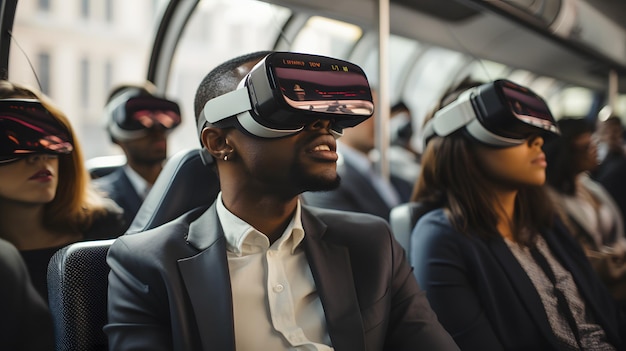pessoas usando fones de ouvido de realidade virtual em um ônibus IA generativa