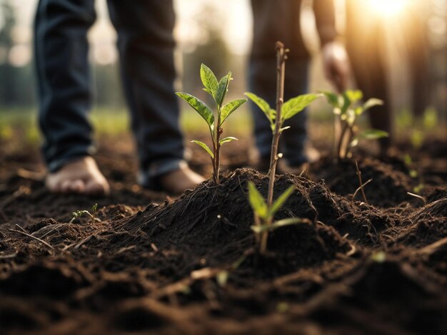 Pessoas usando luvas de jardinagem plantam mudas de árvores em solo recém-cavado IA geradora