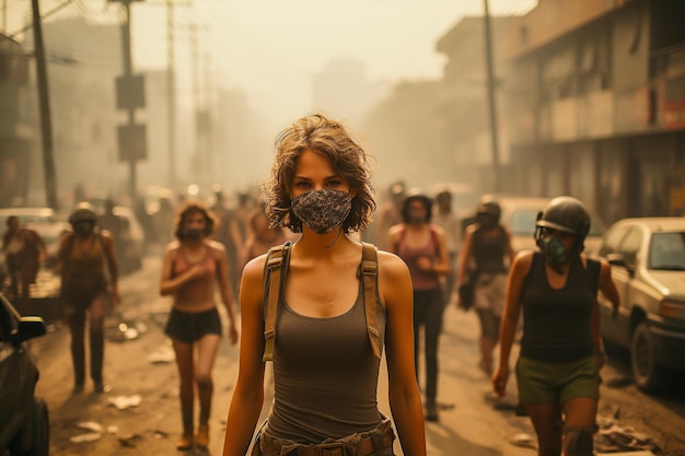 Pessoas usando máscaras porque o ambiente está sendo destruído por poeira fina