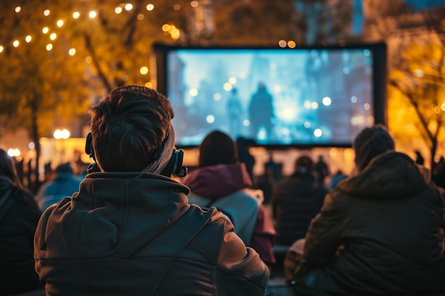 Pessoas vendo filmes juntos ao ar livre criando uma experiência cinematográfica compartilhada