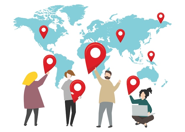 Pessoas viajam destino png desenho animado clipart mapa e pin ilustração em fundo transparente