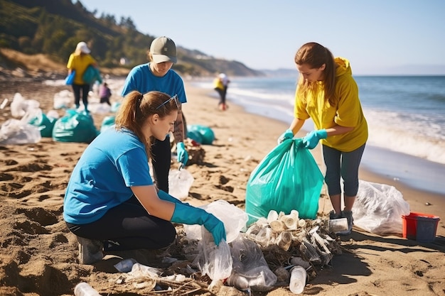 Pessoas voluntárias limpam a costa do oceano de lixo plástico IA geradora