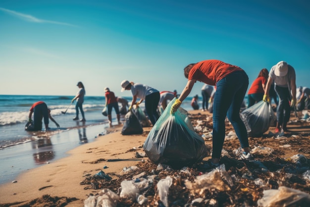 Pessoas voluntárias limpam a costa do oceano de lixo plástico praia suja proteção do meio ambiente