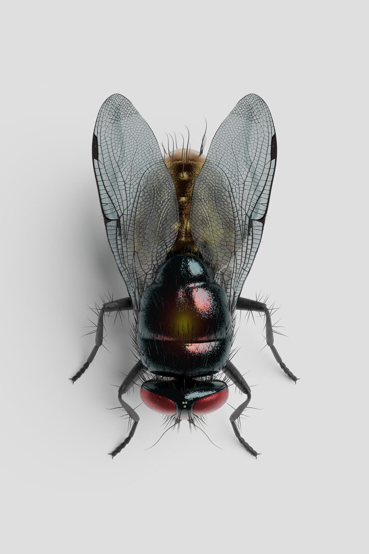 Foto pest mosca closeup inseto chato mosca de sopro em um fundo branco render 3d.