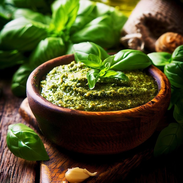 Pesto de albahaca casero fresco sobre una mesa de madera rústica Enfoque selectivo