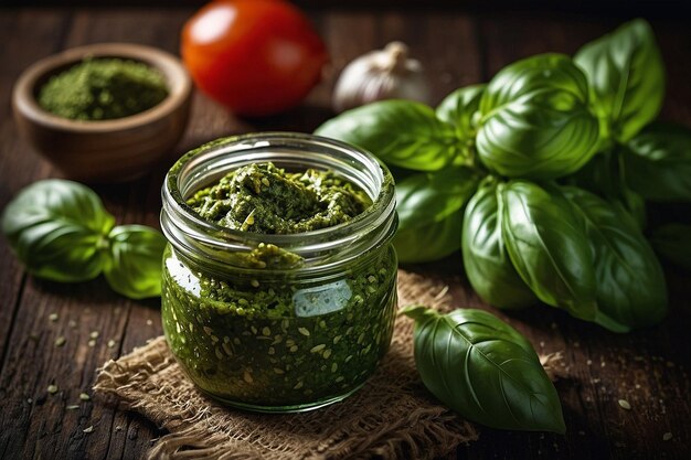 Foto pesto de albahaca fresco en un frasco de vidrio