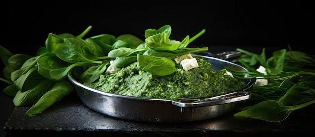 Pesto de alho selvagem caseiro e folhas de alho selvagem em uma bandeja de metal em fundo preto com cópia