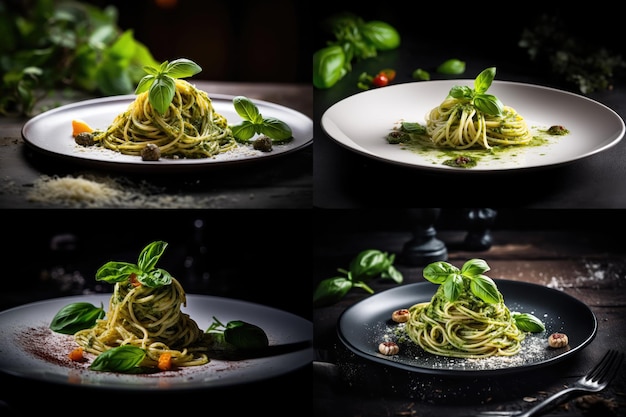 Pesto espagueti collage salsa verde albahaca pasta tradicional italiano espagueti pesto resumen ilustración generativa de IA