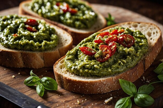 Foto pesto espalhado em pão torrado