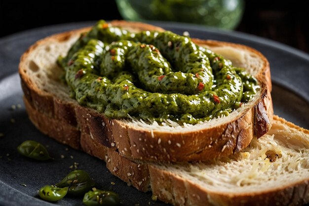 Foto pesto espalhado em pão torrado