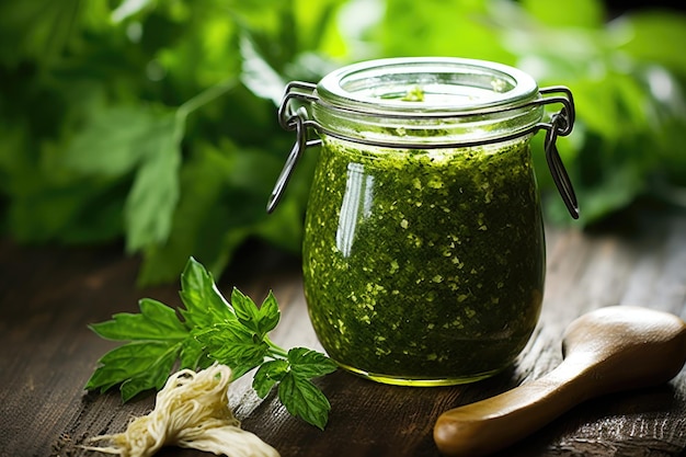 Pesto en frasco de vidrio con fondo rústico