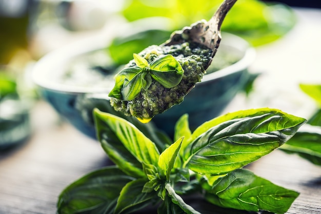 Foto pesto de hojas de albahaca fresca en una cuchara.