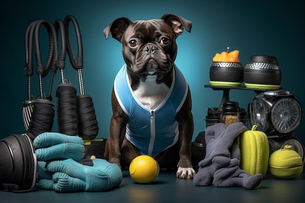 Pet fitness esporte e conceito de estilo de vida cão engraçado em roupas esportivas em treinamento retrato em estúdio surro
