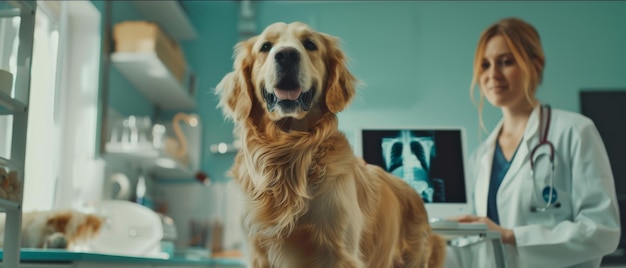 Pet Golden Retriever de pie en la mesa de examen mientras el veterinario mide la salud del perro usando rayos X y una tableta en una clínica veterinaria moderna
