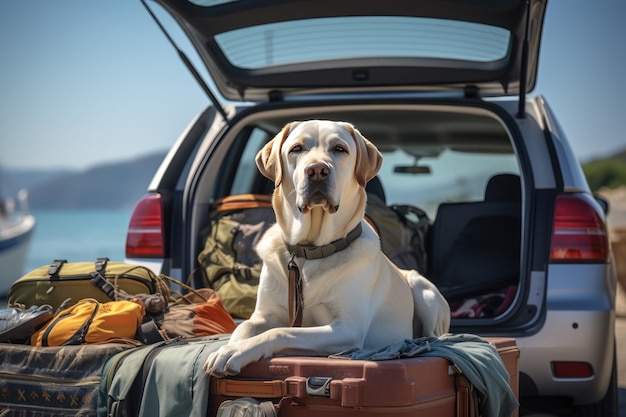 PET sentado en el maletero del coche listo para un viaje de vacaciones IA generativa