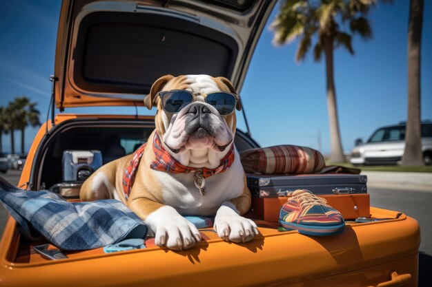 PET sentado no porta-malas do carro pronto para uma viagem de férias IA generativa