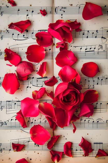 Petal Serenade Fotografía de fondo de pétalos de rosas en las partituras