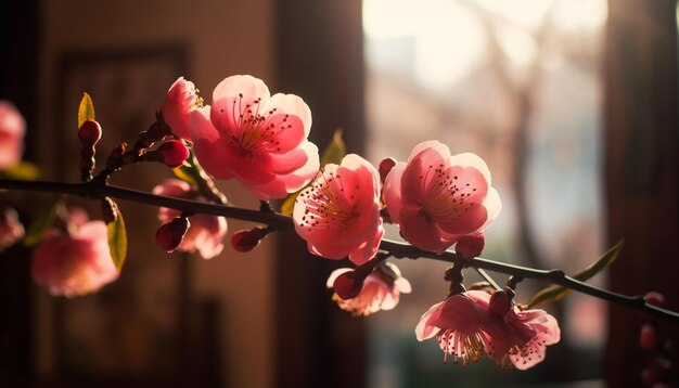 Pétalas de flor de cerejeira rosa fresca adornam o ramo na beleza da primavera gerada pela IA