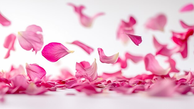 Pétalas de flores fúcsia caindo em um fundo branco