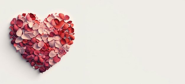 Pétalas de flores na forma de um banner de coração em um fundo branco criado com IA generativa